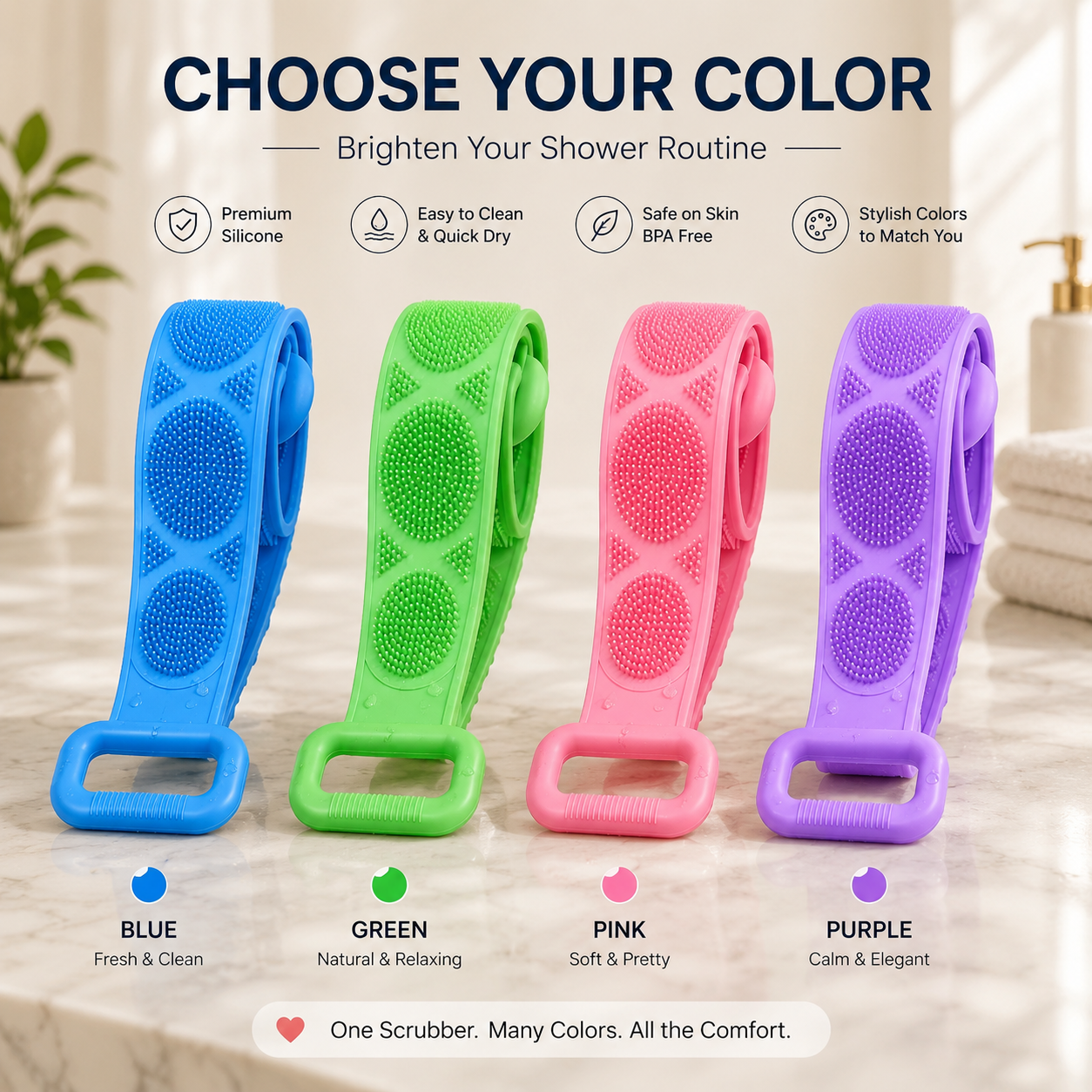 🛁 Double-Sided Back Scrubber – Flexible Silicone Bath Strap