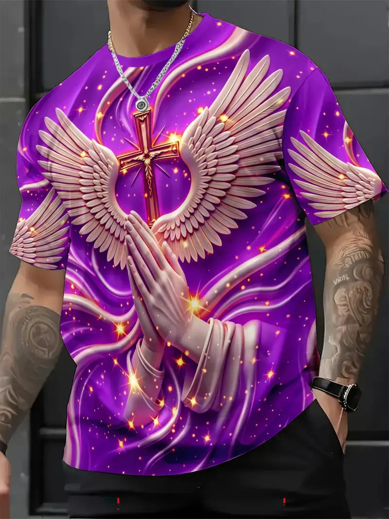 🙏✝️ Men’s Angel Wings Cross 3D Graphic Tee – Faith-Inspired Summer T-Shirt