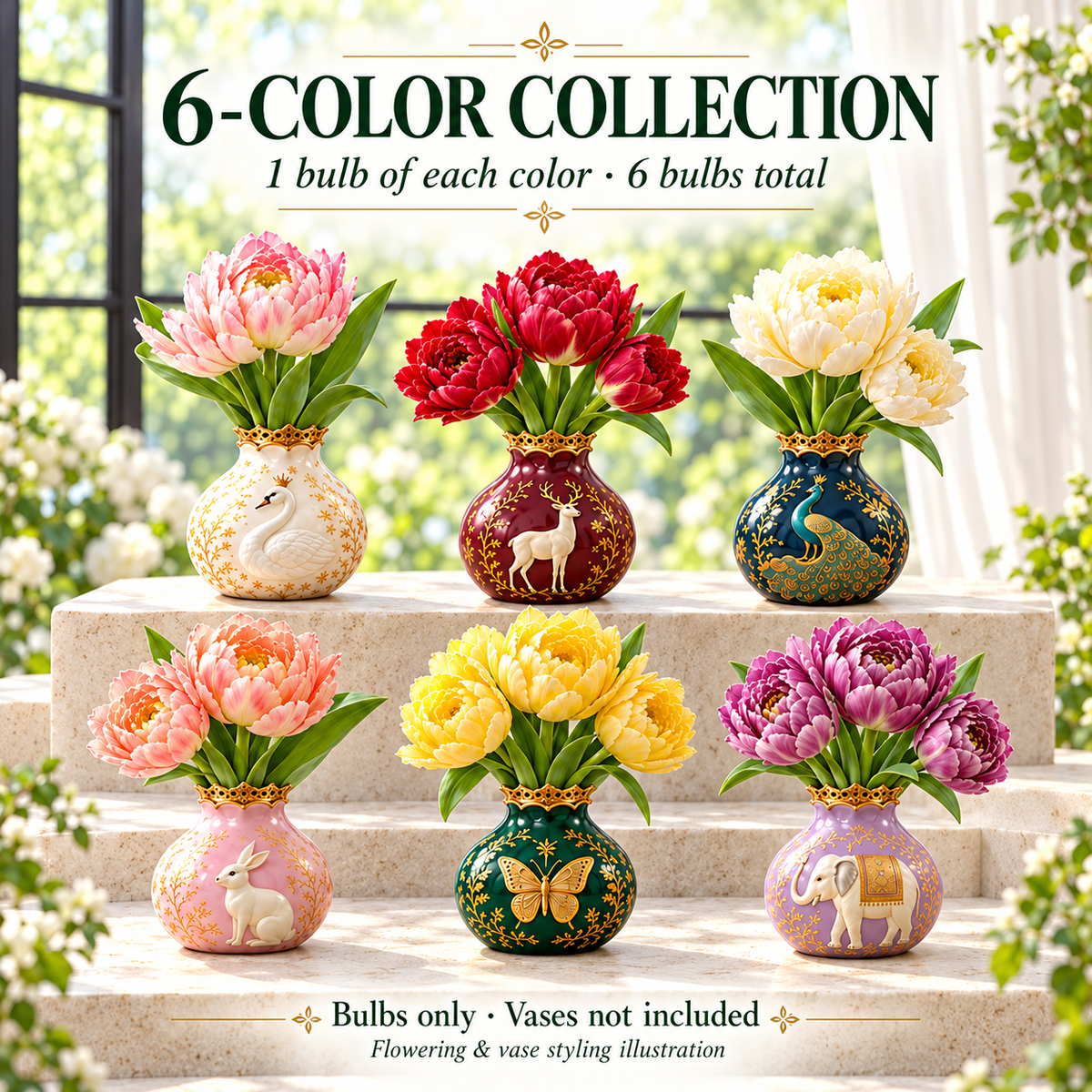 Six-color double tulip collection, six bulbs total, one of each color. Styling illustration; vases not included.