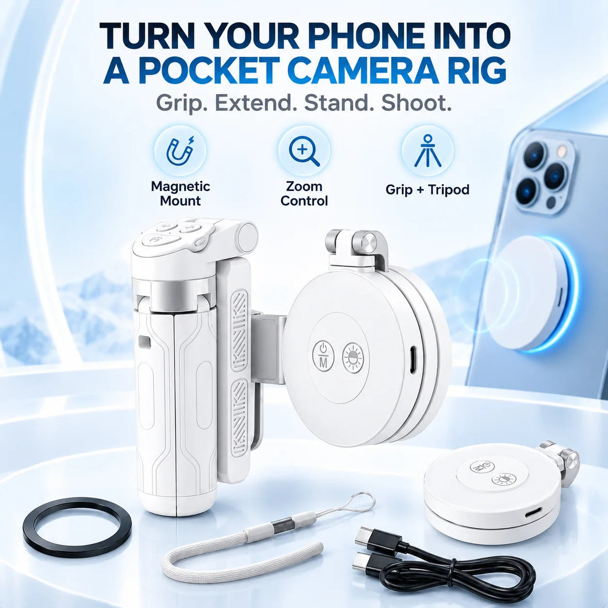 📸 Zoomable Magnetic Palm Grip | Selfie Stick & Tripod