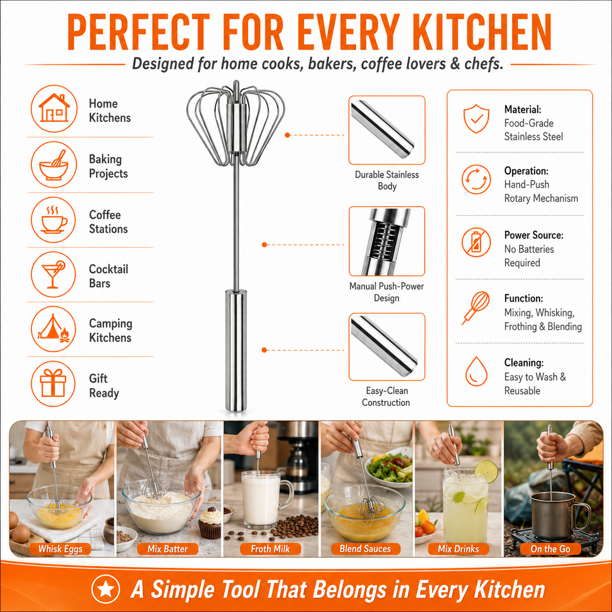 🥄✨ Stainless Steel Hand-Push Rotary Whisk – Effortless Mixing in Seconds!
