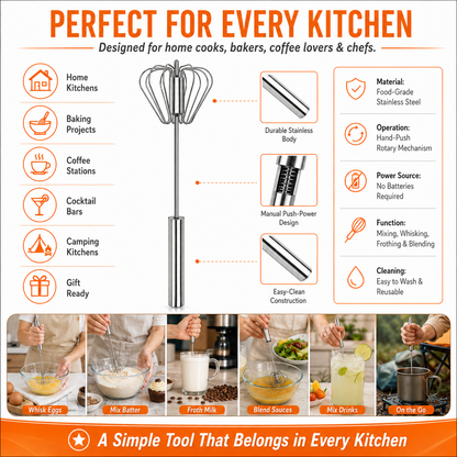 🥄✨ Stainless Steel Hand-Push Rotary Whisk – Effortless Mixing in Seconds!