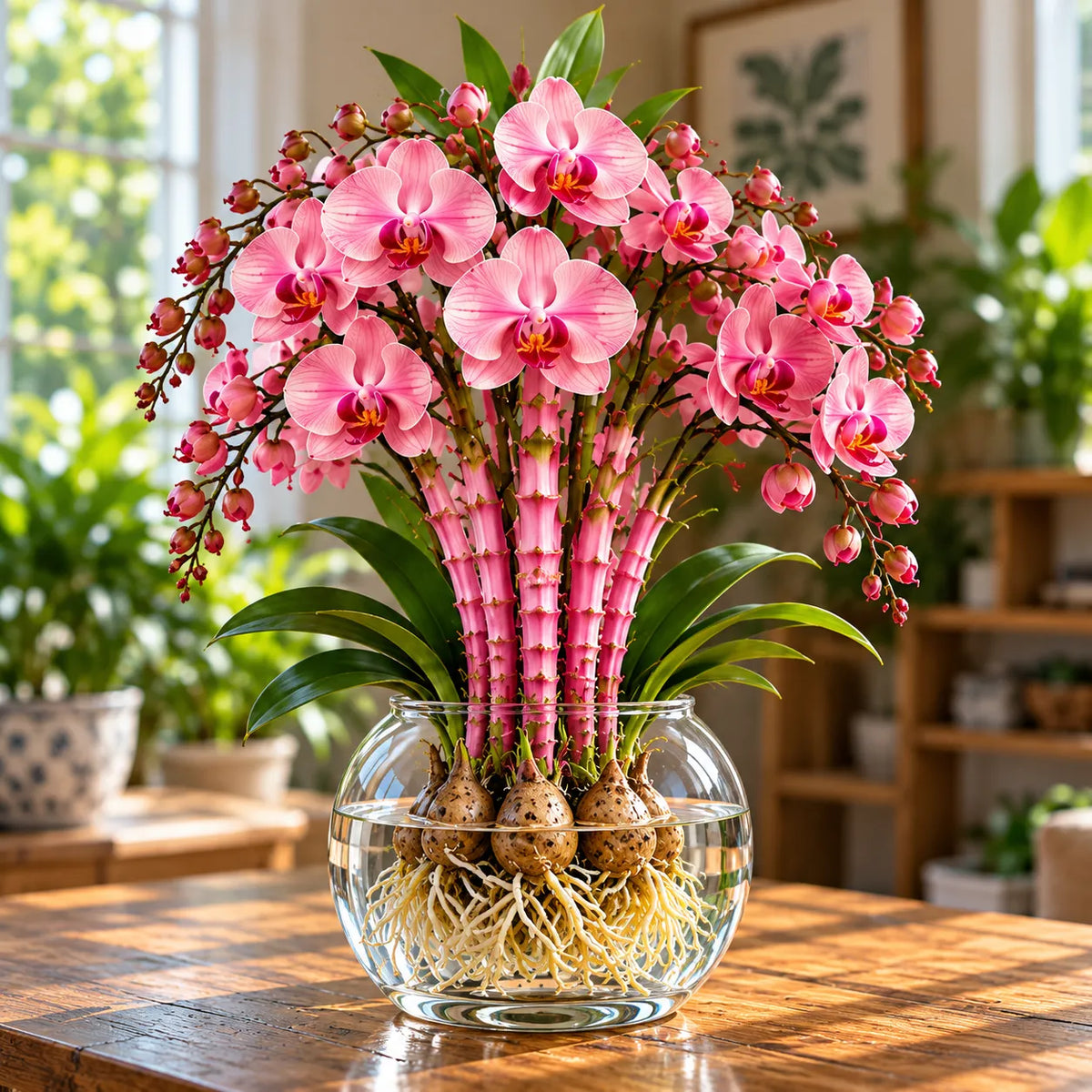 🌸 Rare Hydroponic Bamboo Orchid Bulbs – Inspired Stems in a Beautiful Water Garden Display.