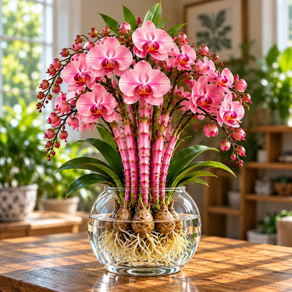 🌸 Rare Hydroponic Bamboo Orchid Bulbs – Inspired Stems in a Beautiful Water Garden Display.