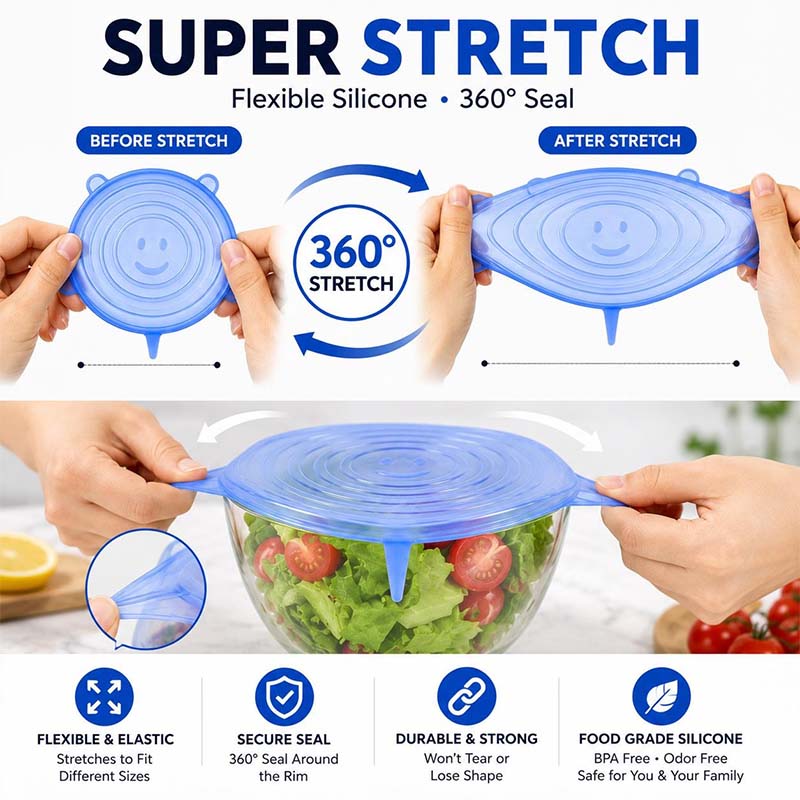 🥗6 Pack Silicone Stretch Lids, Reusable Food Grade Bowl Covers with 6 Sizes, Stretchable Silicone Sealing Lids for Bowls, Cups, Pots & Fruits
