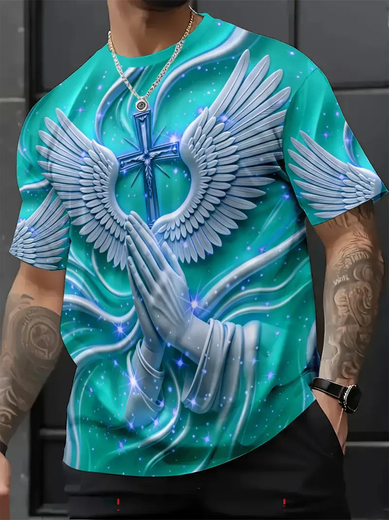 🙏✝️ Men’s Angel Wings Cross 3D Graphic Tee – Faith-Inspired Summer T-Shirt