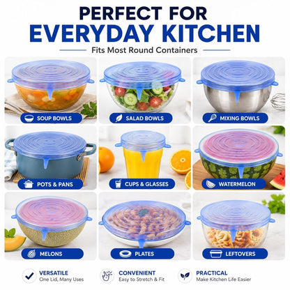 🥗6 Pack Silicone Stretch Lids, Reusable Food Grade Bowl Covers with 6 Sizes, Stretchable Silicone Sealing Lids for Bowls, Cups, Pots & Fruits