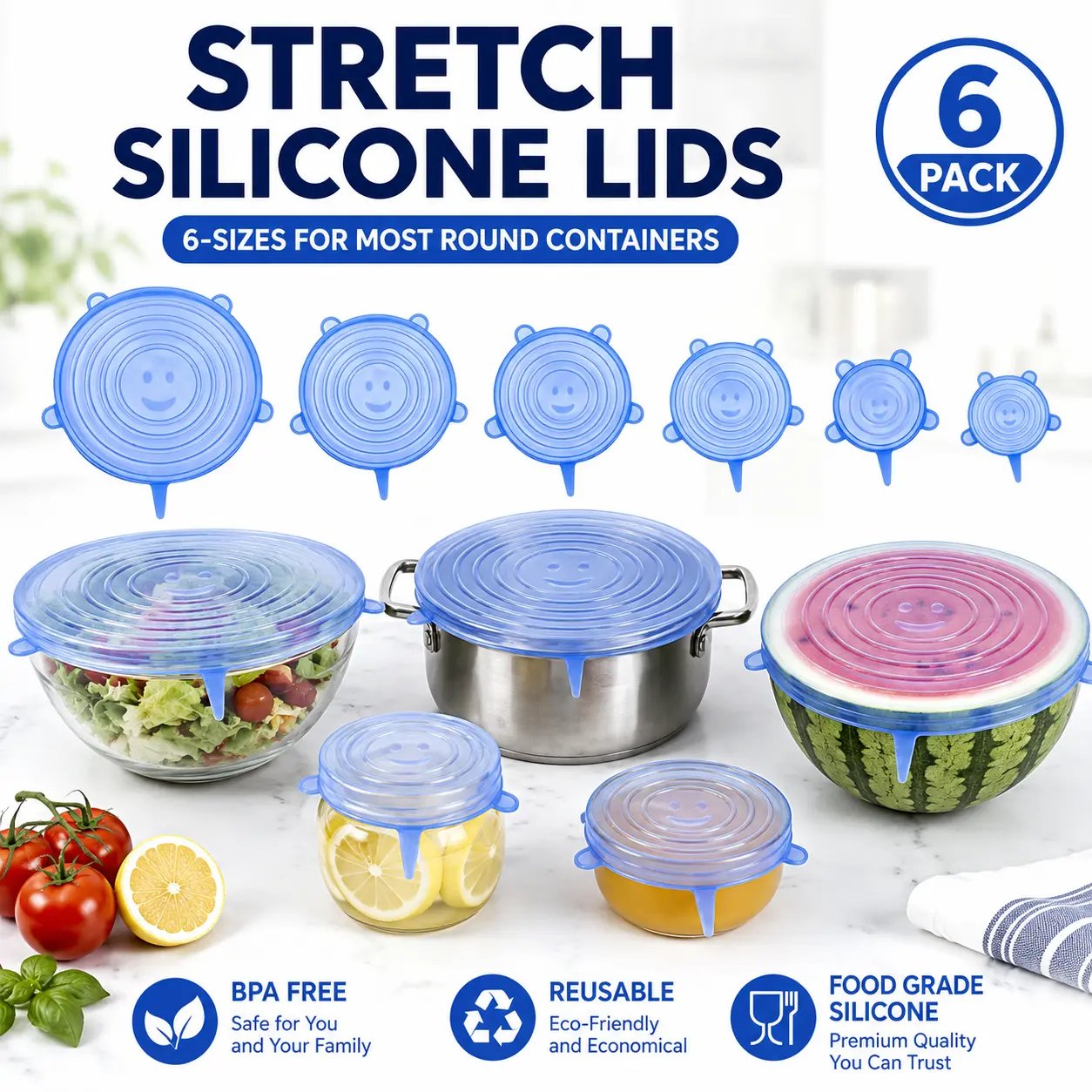 🥗6 Pack Silicone Stretch Lids, Reusable Food Grade Bowl Covers with 6 Sizes, Stretchable Silicone Sealing Lids for Bowls, Cups, Pots & Fruits