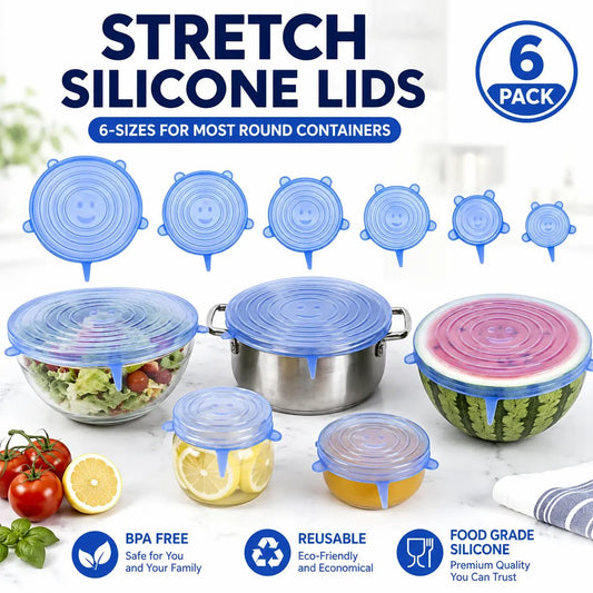 🥗6 Pack Silicone Stretch Lids, Reusable Food Grade Bowl Covers with 6 Sizes, Stretchable Silicone Sealing Lids for Bowls, Cups, Pots & Fruits