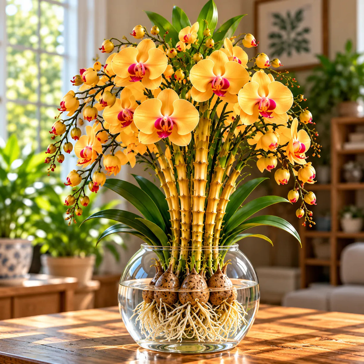 🌸 Rare Hydroponic Bamboo Orchid Bulbs – Inspired Stems in a Beautiful Water Garden Display.