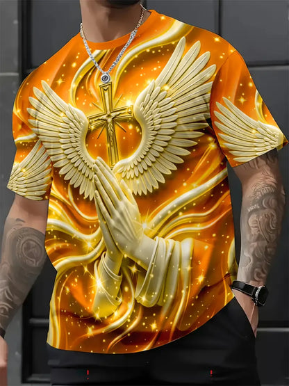 🙏✝️ Men’s Angel Wings Cross 3D Graphic Tee – Faith-Inspired Summer T-Shirt