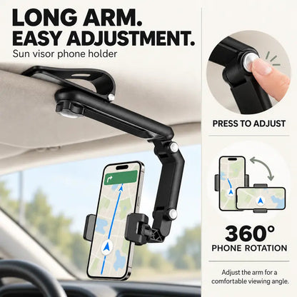 Foldable Car Phone Holder for Sun Visor, Adjustable Arm with 360° Phone Rotation, Spring Clip Mount for 4–6.5 Inch Smartphones, Black,toolupgrade