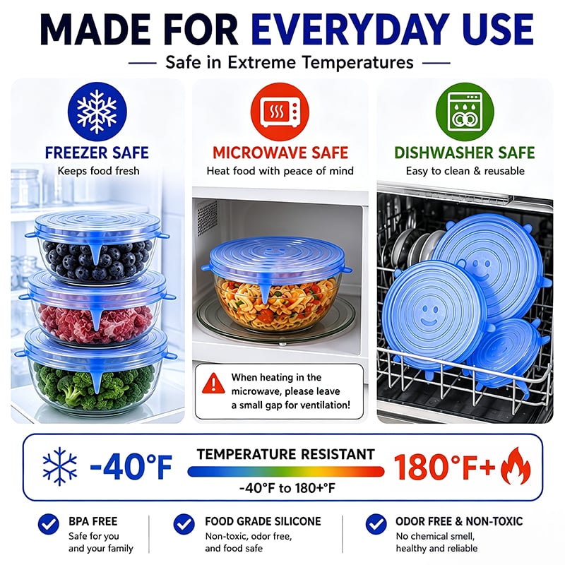 🥗6 Pack Silicone Stretch Lids, Reusable Food Grade Bowl Covers with 6 Sizes, Stretchable Silicone Sealing Lids for Bowls, Cups, Pots & Fruits