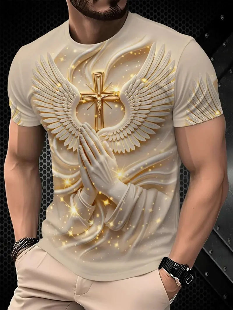 🙏✝️ Men’s Angel Wings Cross 3D Graphic Tee – Faith-Inspired Summer T-Shirt