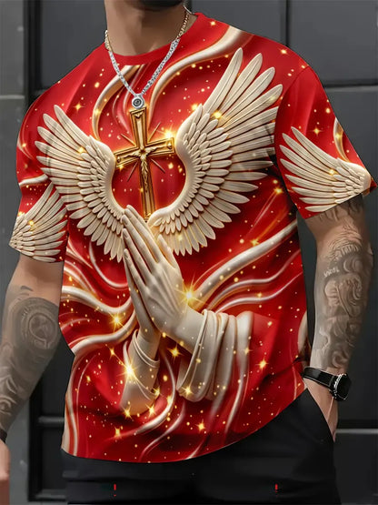🙏✝️ Men’s Angel Wings Cross 3D Graphic Tee – Faith-Inspired Summer T-Shirt