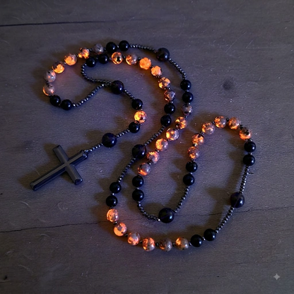 Natural Obsidian Yooperlite Rosary Necklace, UV Reactive Energy Protection Crystal
