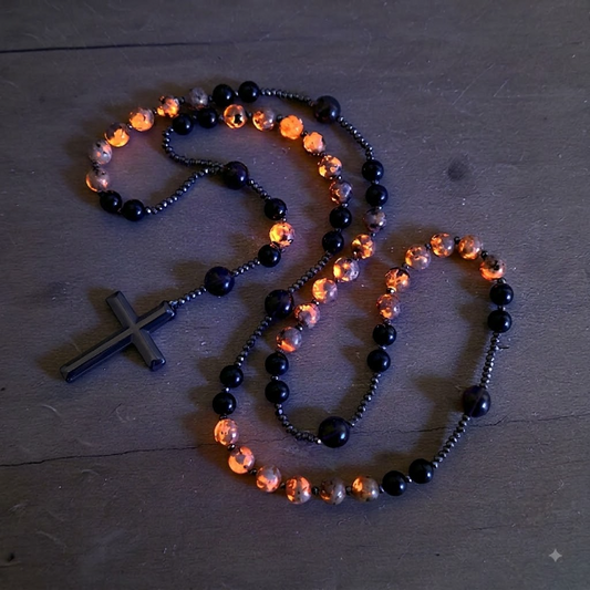 Natural Obsidian Yooperlite Rosary Necklace, UV Reactive Energy Protection Crystal