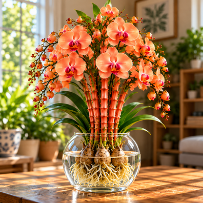 🌸 Rare Hydroponic Bamboo Orchid Bulbs – Inspired Stems in a Beautiful Water Garden Display.