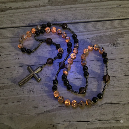 Natural Obsidian Yooperlite Rosary Necklace, UV Reactive Energy Protection Crystal