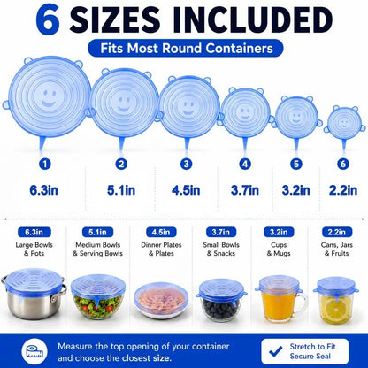 🥗6 Pack Silicone Stretch Lids, Reusable Food Grade Bowl Covers with 6 Sizes, Stretchable Silicone Sealing Lids for Bowls, Cups, Pots & Fruits