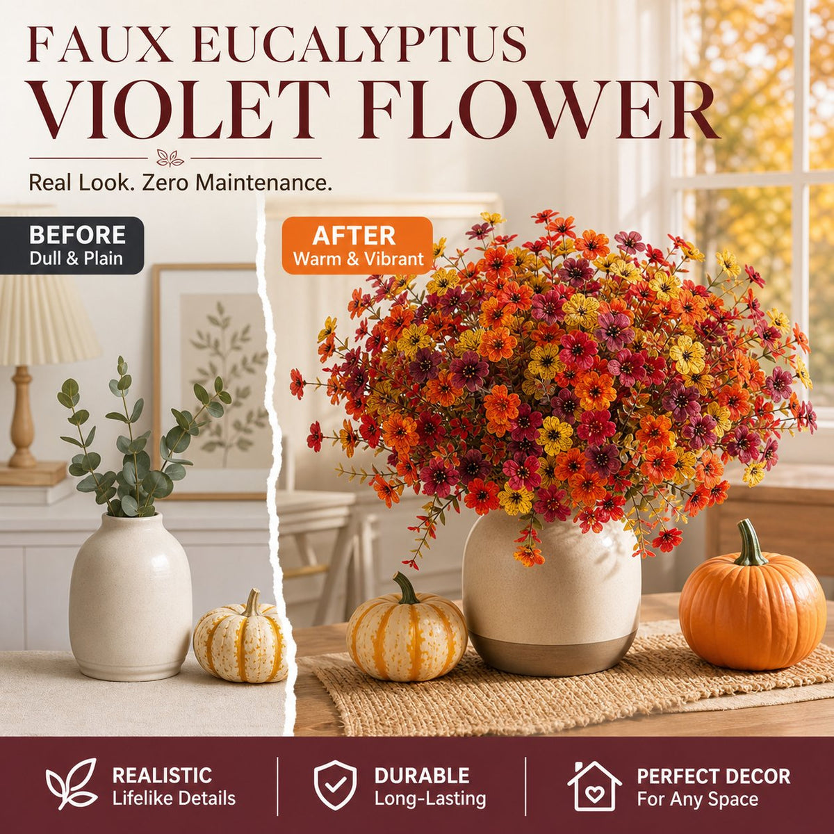 🍂🧡Artificial Autumn Violet Flower Bouquet – Weatherproof Faux Fall Floral Stems for Porch & Home
