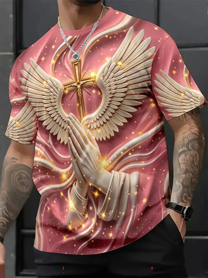 🙏✝️ Men’s Angel Wings Cross 3D Graphic Tee – Faith-Inspired Summer T-Shirt