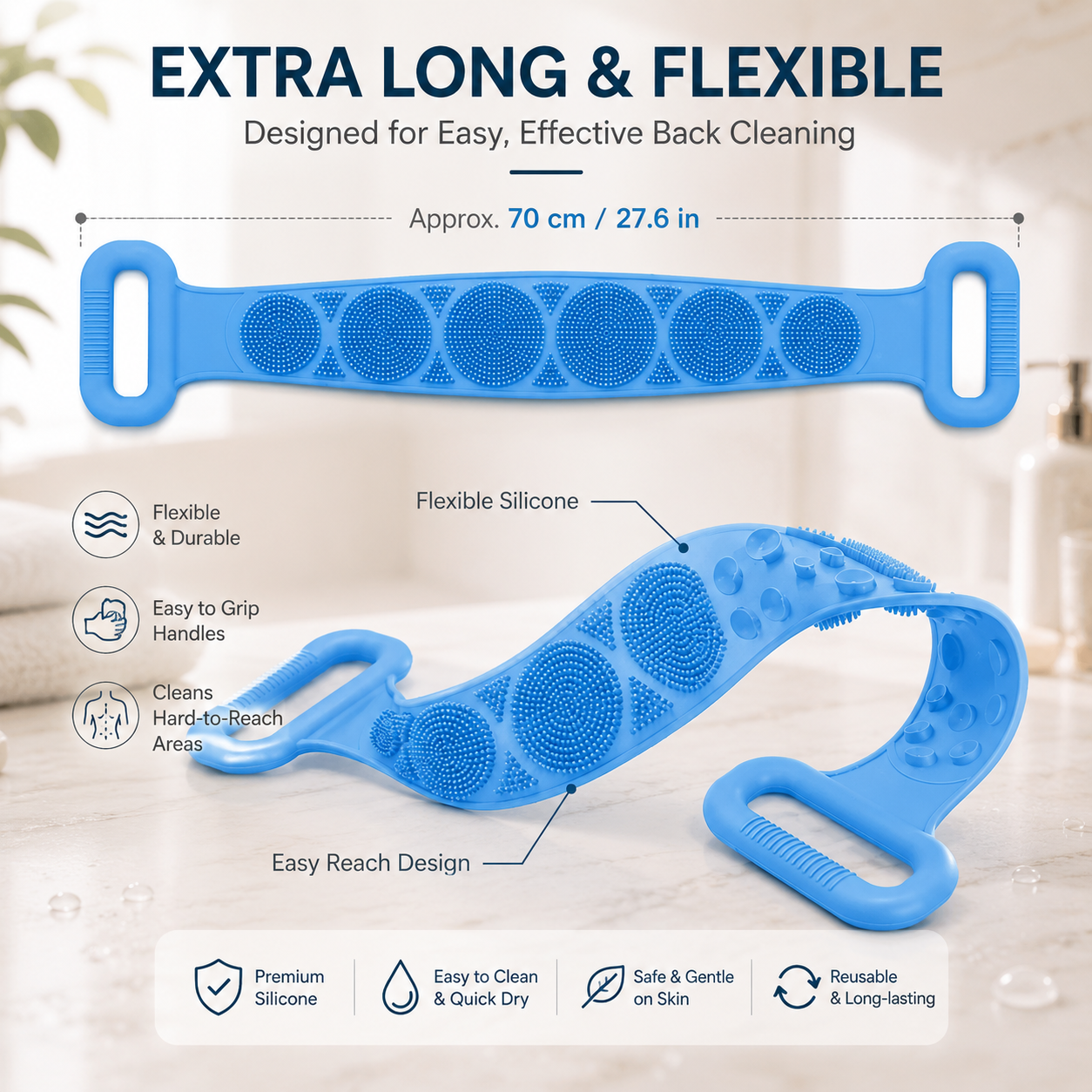 🛁 Double-Sided Back Scrubber – Flexible Silicone Bath Strap