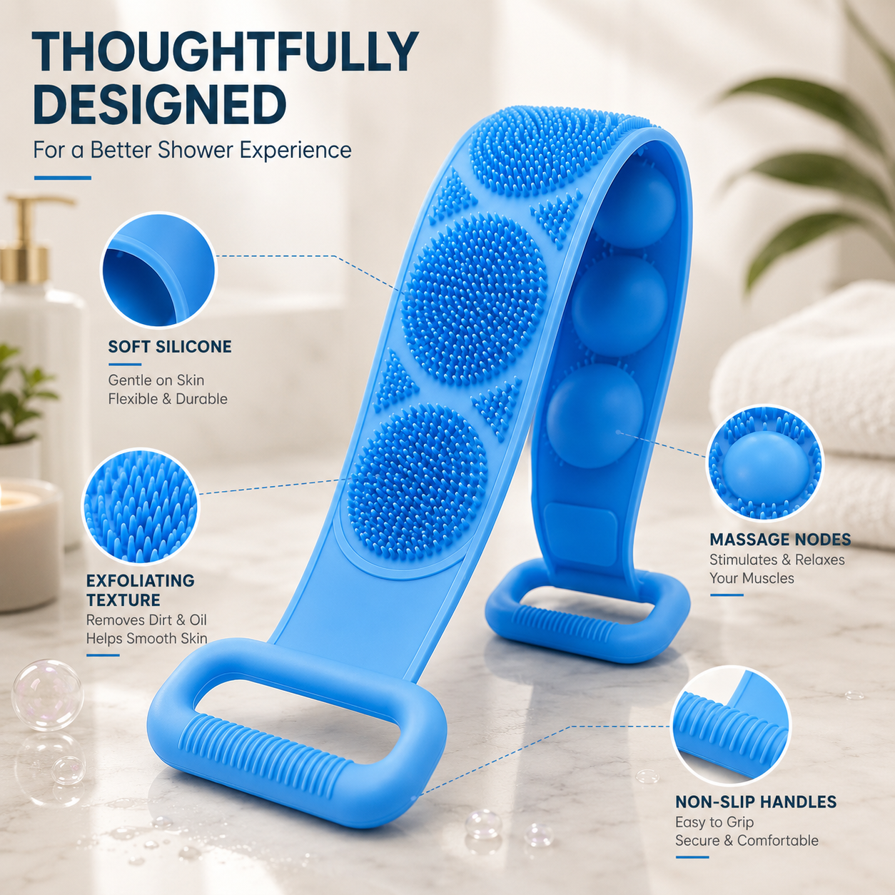 🛁 Double-Sided Back Scrubber – Flexible Silicone Bath Strap