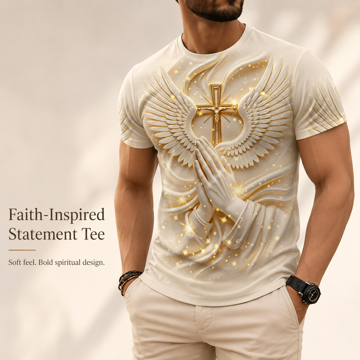 🙏✝️ Men’s Angel Wings Cross 3D Graphic Tee – Faith-Inspired Summer T-Shirt