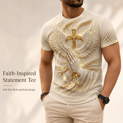 🙏✝️ Men’s Angel Wings Cross 3D Graphic Tee – Faith-Inspired Summer T-Shirt
