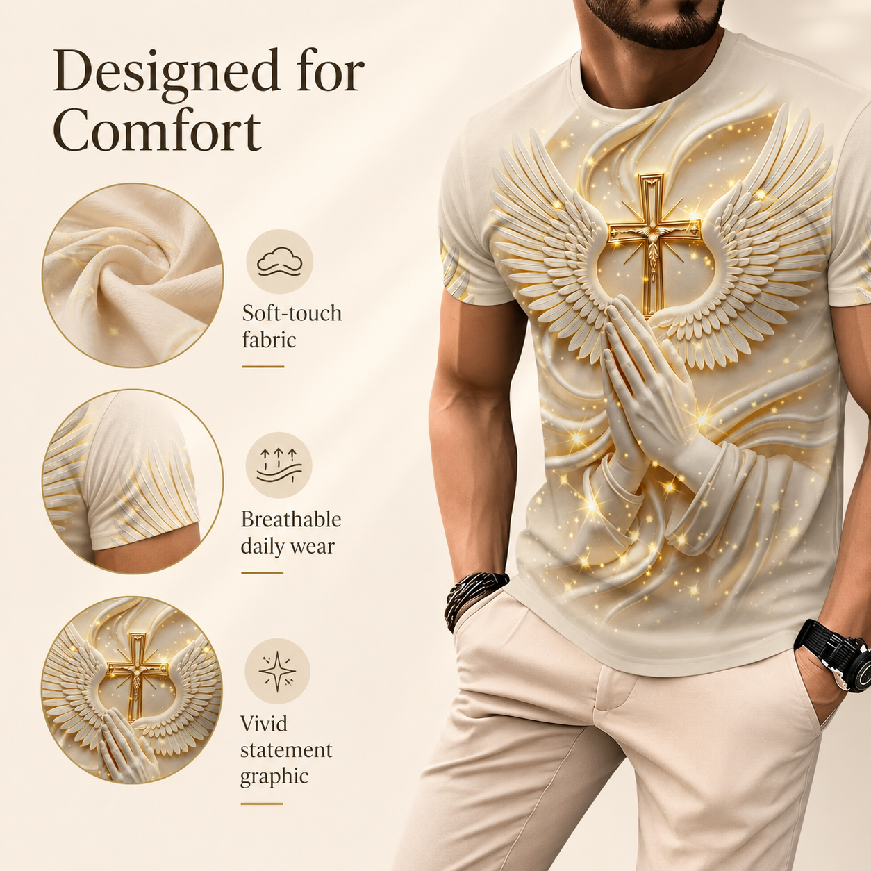 🙏✝️ Men’s Angel Wings Cross 3D Graphic Tee – Faith-Inspired Summer T-Shirt