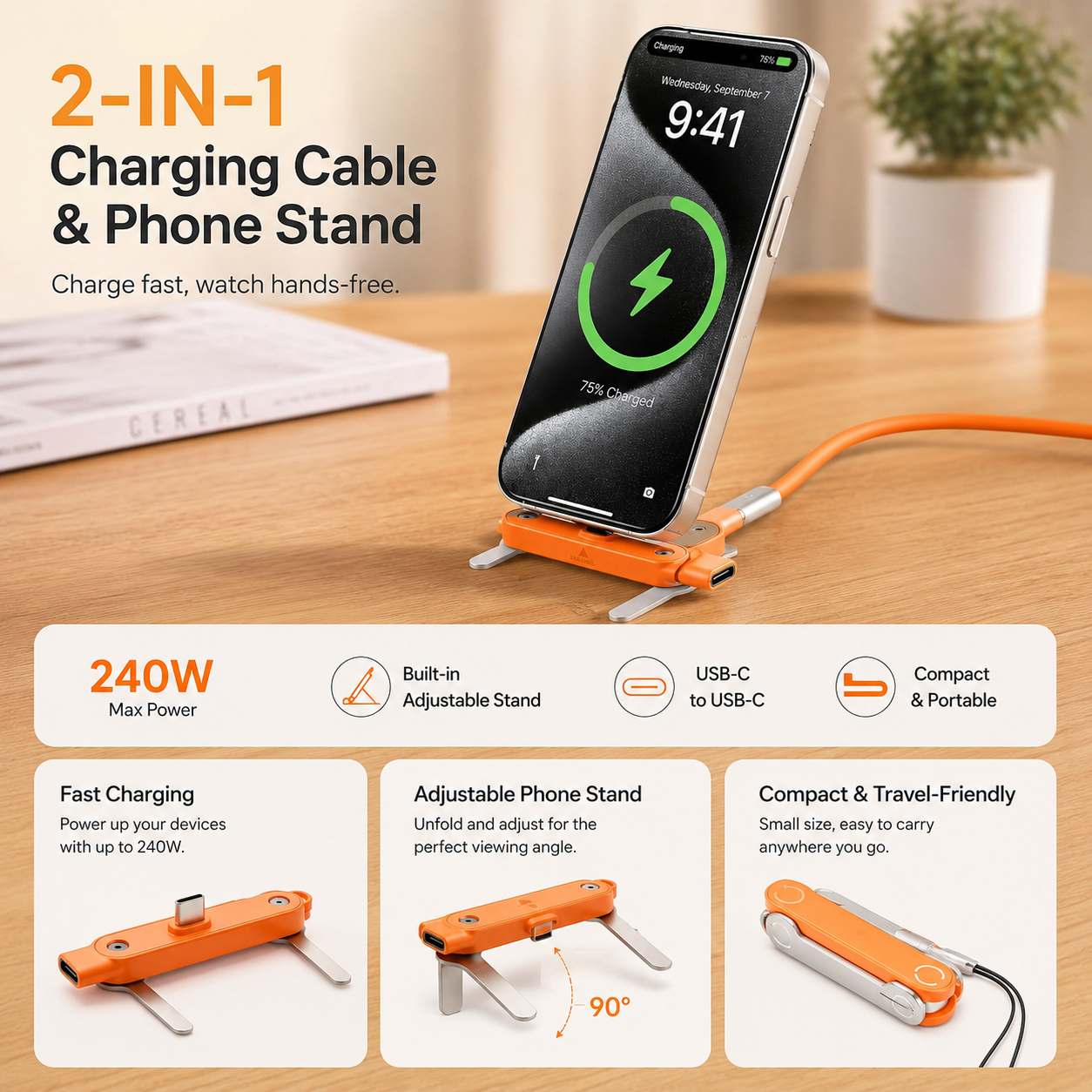 Fast-Charging Cable with Detatchable Stand | USB-C & Lightning