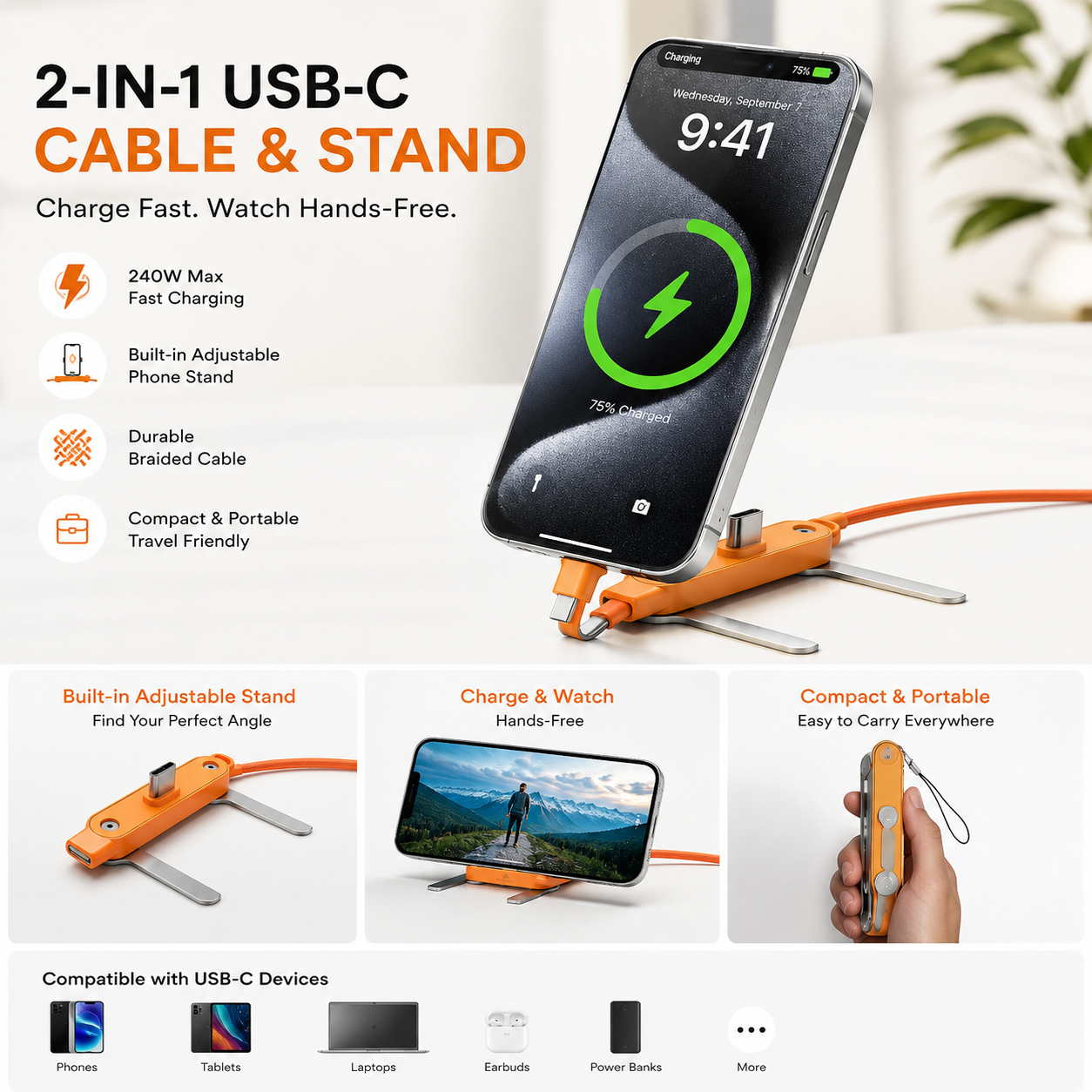 Fast-Charging Cable with Detatchable Stand | USB-C & Lightning