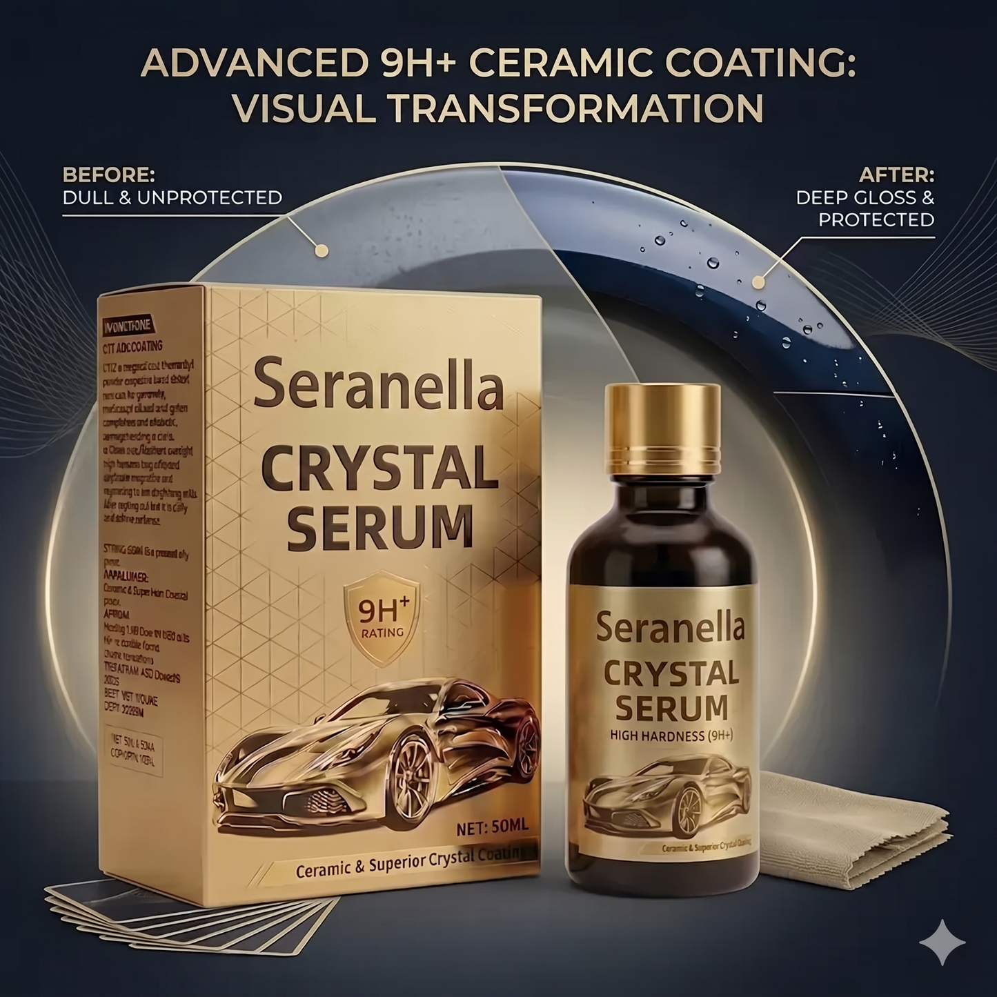 Crystal Serum 9H+ Ceramic Coating for Cars - 10X Harder Than Factory Paint, Ultra Hydrophobic Mirror Shine, Scratch & UV Protection, Long-Lasting Auto Detailing Kit