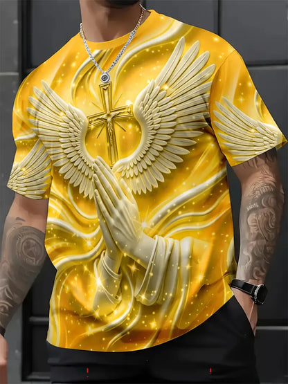 🙏✝️ Men’s Angel Wings Cross 3D Graphic Tee – Faith-Inspired Summer T-Shirt