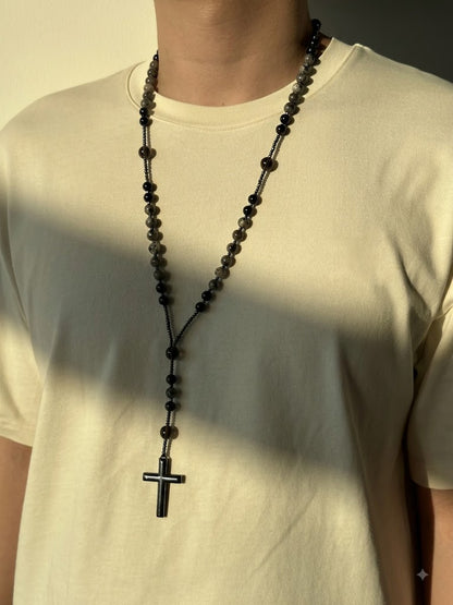 Natural Obsidian Yooperlite Rosary Necklace, UV Reactive Energy Protection Crystal