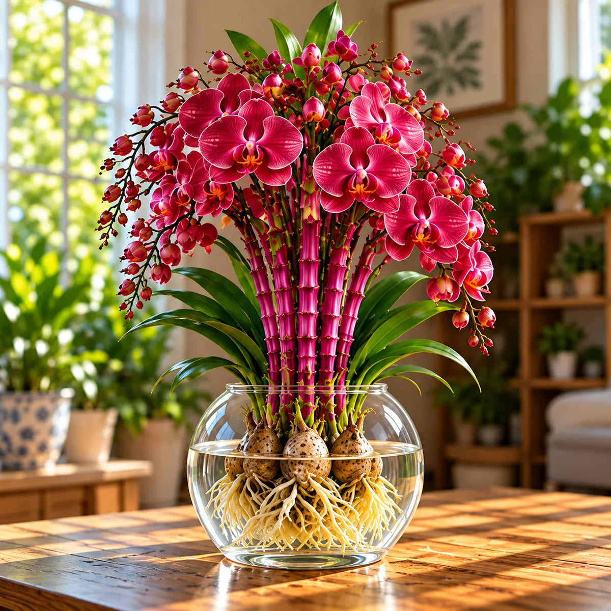 🌸 Rare Hydroponic Bamboo Orchid Bulbs – Inspired Stems in a Beautiful Water Garden Display.