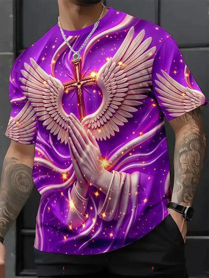 🙏✝️ Men’s Angel Wings Cross 3D Graphic Tee – Faith-Inspired Summer T-Shirt