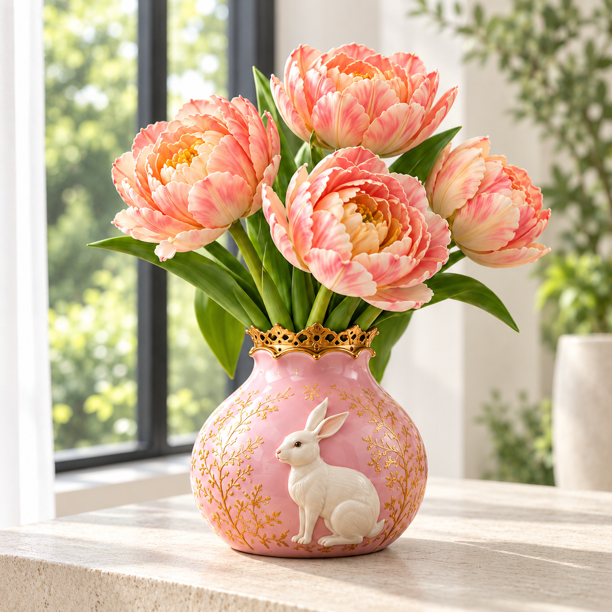 Apricot Peach double tulip flowering illustration — vase not included