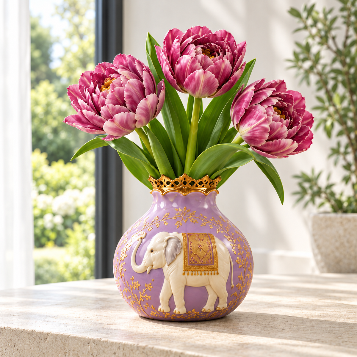 Royal Purple double tulip flowering illustration — vase not included