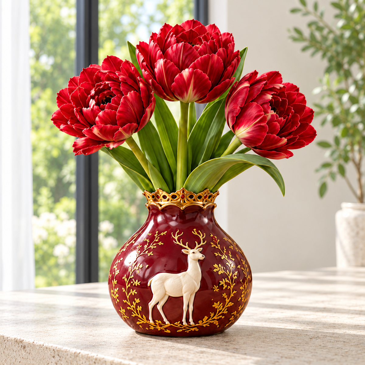 Ruby Red double tulip flowering illustration — vase not included