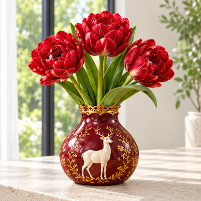 Ruby Red double tulip flowering illustration — vase not included