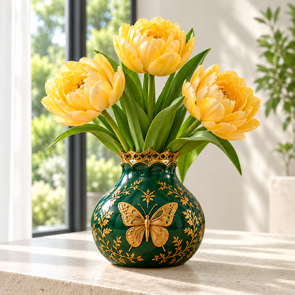 Golden Yellow double tulip flowering illustration — vase not included