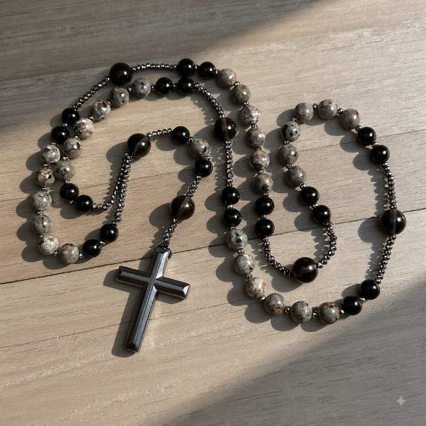 Natural Obsidian Yooperlite Rosary Necklace, UV Reactive Energy Protection Crystal
