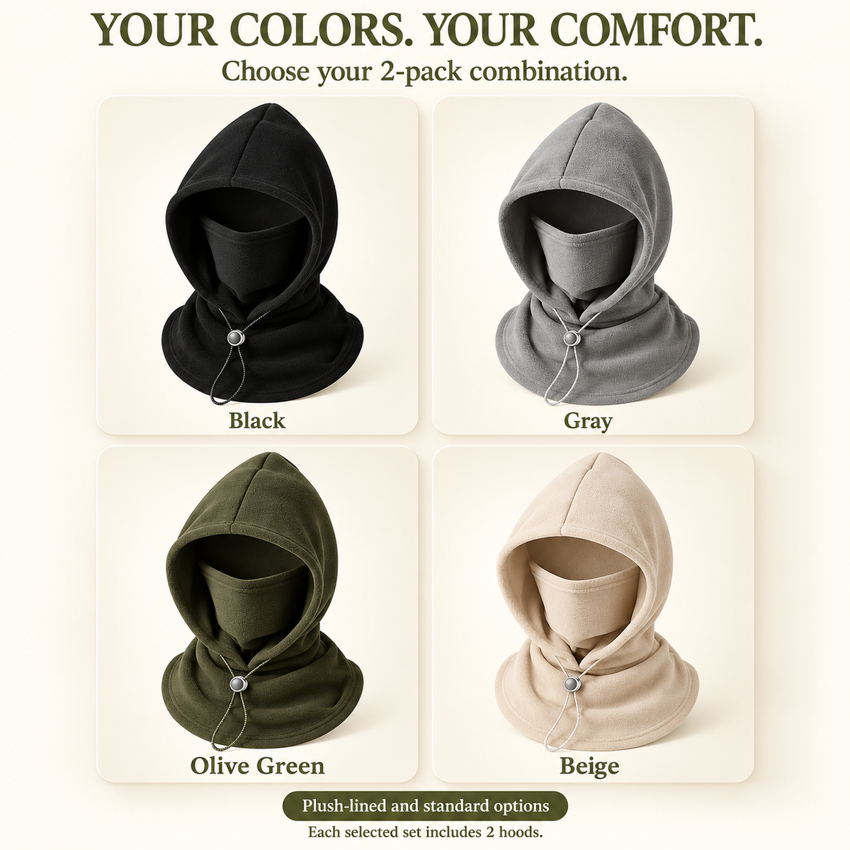 ❄️ 2-Pack Winter Fleece Hoods — Built-In Face Cover & Neck Warmer